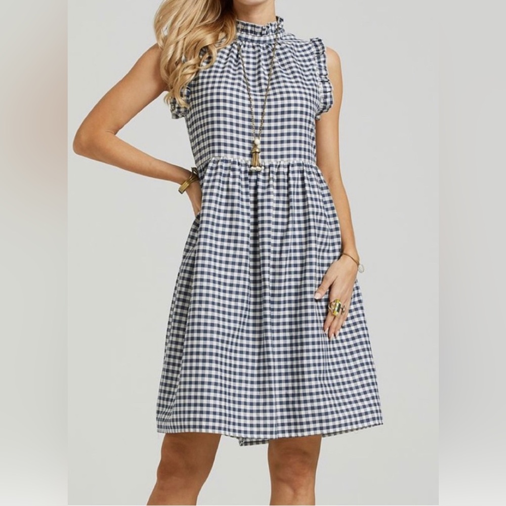 Suzanne Betro Navy and White Checkered Midi Dress
